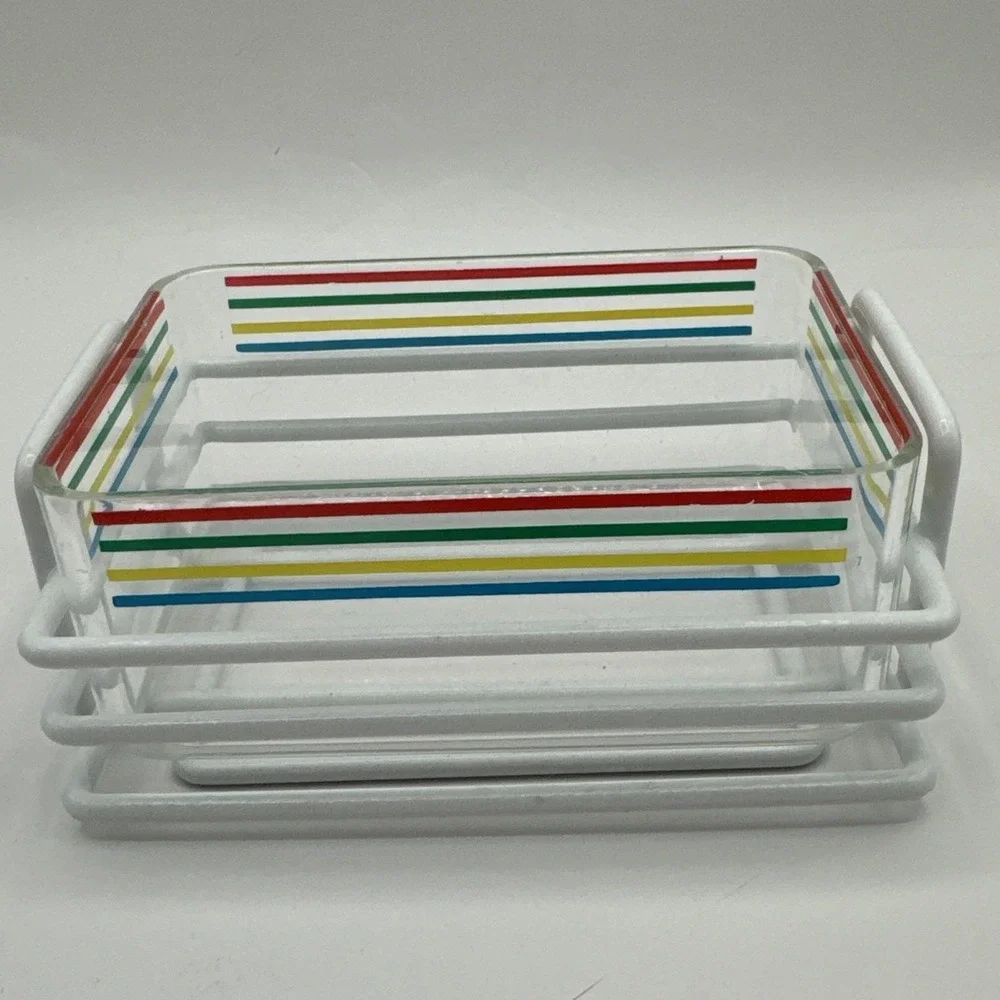 Vintage 80s Case Buffet Ware Acrylic Serving Trays Striped Color Napkins Set